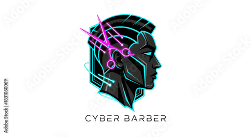 Sleek Cyberpunk Barber Head Logo with Neon Light Scissor Elements for Modern Style