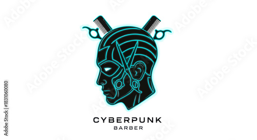 Futuristic Cyberpunk Barber Shop Logo Design with Neon Blue Outline and Hairdressing Tools