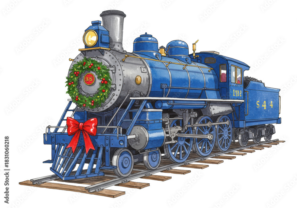 Obraz premium Majestic sapphire blue vintage steam locomotive, ornate brass details, detailed christmas wreath and crimson bow, standing on a short track against a brilliant white void. Concept of classic holiday
