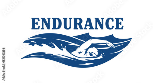 Vigorous swimmer logo in dynamic blue water representing athletic endurance and aquatic sport