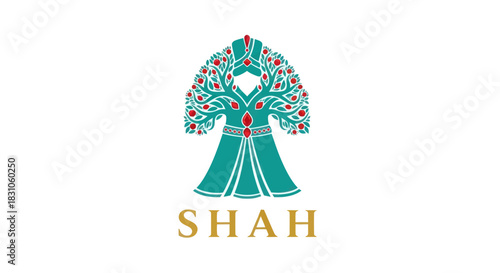 Elegant ornate symmetrical teal tree of life and luxurious royal garment abstract logo design