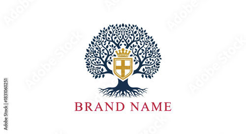 Regal Family Tree Logo with Golden Crowned Shield and Strong Roots Design