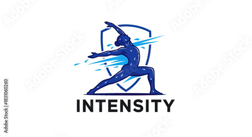 Powerful Blue Dynamic Figure Yoga Pose with Water and Shield Strength Energy Logo
