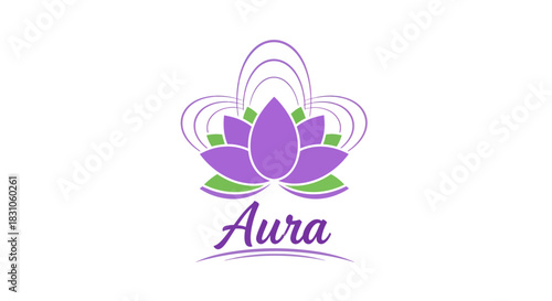 Stylized Lotus Flower Logo with Spiritual Aura and Modern Typography in Purple and Green for
