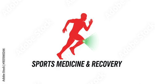 Red running athlete icon with green knee highlight representing sports medicine and physical