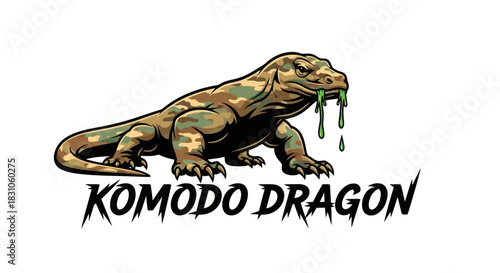 Fierce Komodo Dragon Illustration with Camouflage Skin and Green Saliva Mascot Design