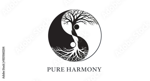 Elegant Black and White Yin Yang Tree of Life Symbol Representing Balance and Harmony