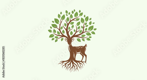Stylized Deer and Tree Roots Connection Illustration Symbolizing Nature Ecology and Environmental