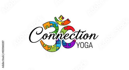 Vibrant Om symbol logo crafted from colorful puzzle pieces representing connection and holistic