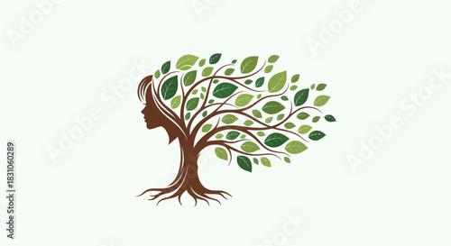 Elegant woman's face merged with a vibrant tree, green leaves flowing symbolizing nature and ecology