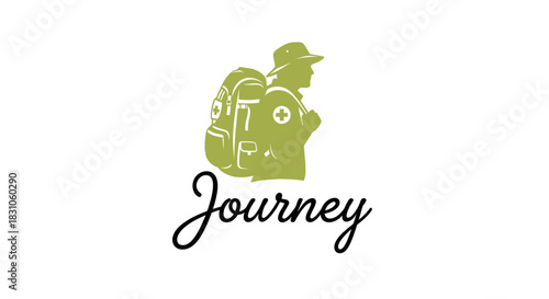 Green Hiker Backpacker Silhouette with First Aid Symbol and Journey Text Adventure Travel