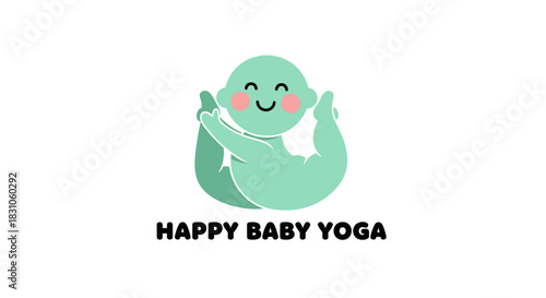 Adorable mint green baby character practicing yoga for health and happy infant wellness