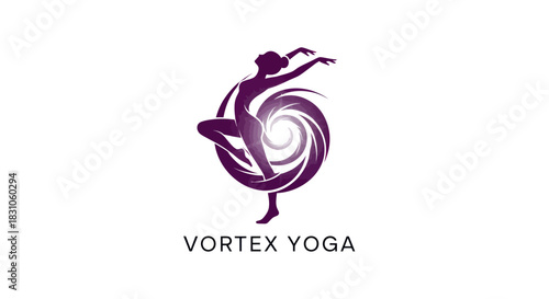 Dynamic purple yoga dancer with swirling vortex design for holistic wellness brand logo