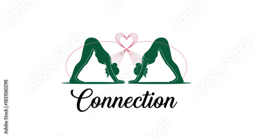 Harmonious Yoga Connection with Two Silhouettes in Downward Dog Pose and Heart Symbol