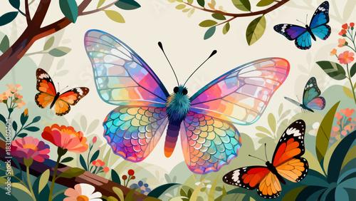 This vibrant illustration displays a collection of diverse, colorful butterflies with intricate wing patterns, capturing the delicate beauty and variety of these insects.