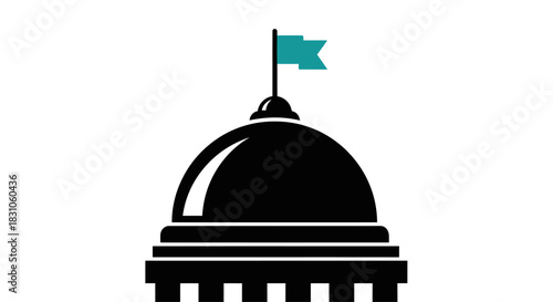 Elegant Minimalist Black Domed Building Icon Featuring Teal Flag on White Background Modern Vector
