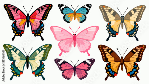 This vibrant illustration displays a collection of diverse, colorful butterflies with intricate wing patterns, capturing the delicate beauty and variety of these insects.