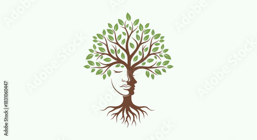 Tree with Human Faces Symbolizing Nature Harmony Growth and Rooted Spirituality Vector Design