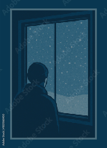 Lone Figure Snow Window Halftone Stipple Art - Cross Stitch Winter Night View Graphic