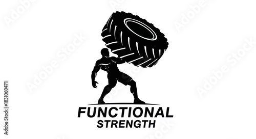 Powerful muscular man lifting heavy tire functional strength training logo design