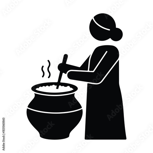 Person stirring a pot with steam rising, cooking icon