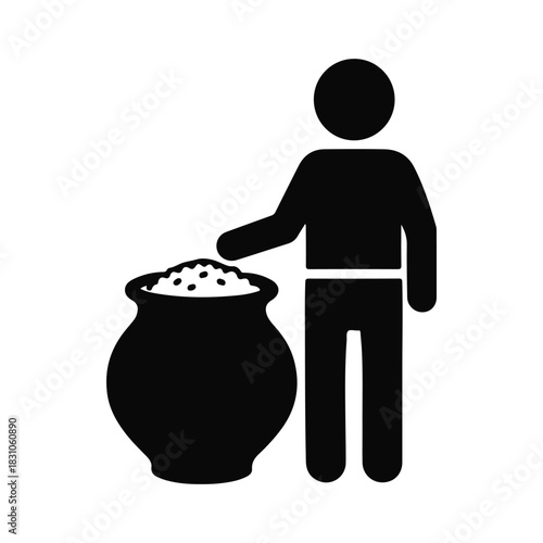 Man standing next to a full pot of rice symbol