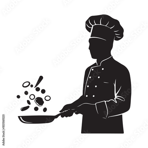 Chef cooking and tossing food in a pan, black silhouette