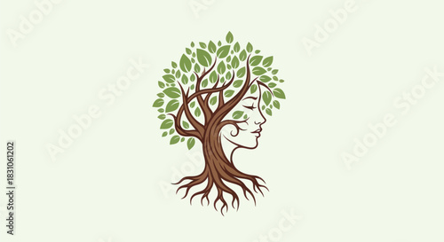 Elegant tree woman profile illustration symbolizing organic nature connection and serene growth