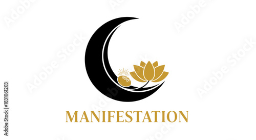 Elegant black crescent moon with golden lotus flower and radiant seed symbolizing spiritual