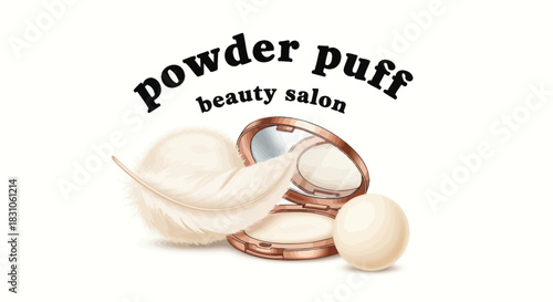 Chic cosmetic powder compact with feather and pearl for elegant beauty studio