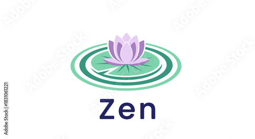 Serene purple lotus flower logo on green water lily pad with calm ripples vector art