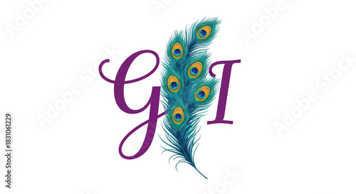 Elegant Purple G and I Letters Monogram with Vibrant Teal Peacock Feather Illustration Design