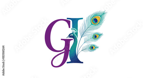Elegant GI Monogram Logo with Peacock and Vibrant Feather Illustration on White Background