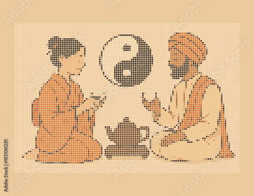 Cross-Cultural Tea Ceremony Stipple Halftone Dot Matrix Art