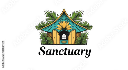 Charming tropical sanctuary hut logo with golden lotus flower and lush green palm leaves vector art