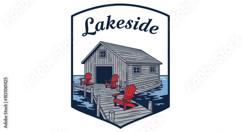 Rustic Lakeside Boathouse with Dock and Adirondack Chairs Vintage Vector Illustration