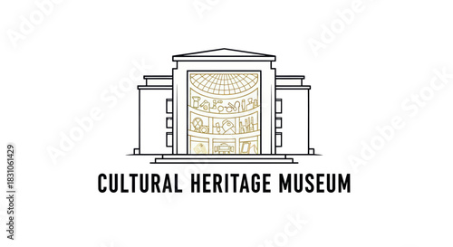 Cultural Heritage Museum Building Outline Illustration with Ancient Artifacts Display