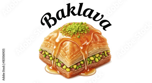 Delicious traditional baklava pastry illustration with sweet syrup and green pistachios on a white