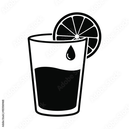 Glass of juice with orange slice and drop icon