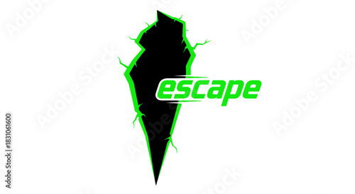 Dynamic Green Escape Wordmark Bursting Through Abstract Black Crack Design