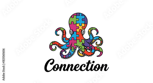 Brightly colored jigsaw puzzle octopus logo for community, unity and diverse connection