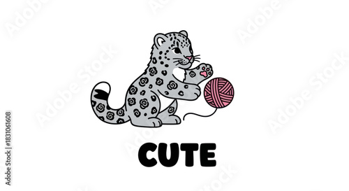 Adorable cartoon snow leopard cub playing with a pink ball of yarn cute animal illustration