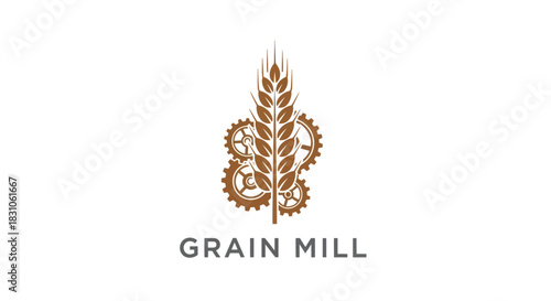 Rustic Grain Ear and Mechanical Gears Logo Symbolizing Agricultural Food Processing Industry