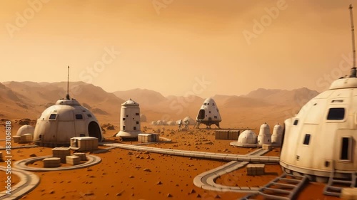 Team of astronauts setting up a new base on planet Mars. Camera pulls back to show the full extent of the futuristic human settlement.