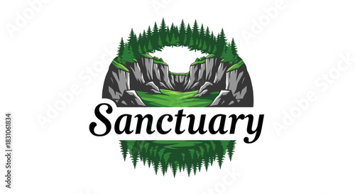 Stunning wilderness sanctuary emblem featuring pine forest and dramatic rocky valley landscape