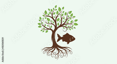 Vibrant Green Tree with Strong Roots and Integrated Fish Symbolizing Natural Balance and Life Cycle