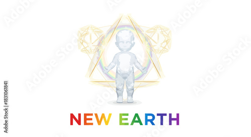New Earth Spiritual Awakening Concept Featuring Crystalline Infant and Radiant Sacred Geometry