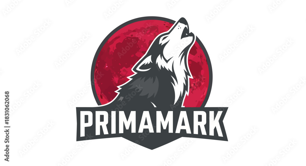 Fototapeta premium Dynamic Howling Wolf Mascot Logo with Red Moon Backdrop Modern Graphic Design Illustration Vector