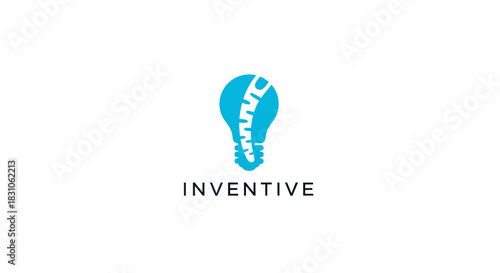 Inventive spinal health care concept logo with bright blue light bulb and human spine design