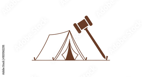 Outdoor Law and Camping Regulations Concept Simple Icon Gavel and Tent Design